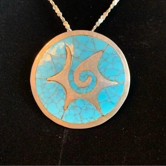 Sterling Silver Necklace Crushed Turquoise Pendant Brooch Vtg Stamp 925 FJCTaxco - Picture 2 of 7